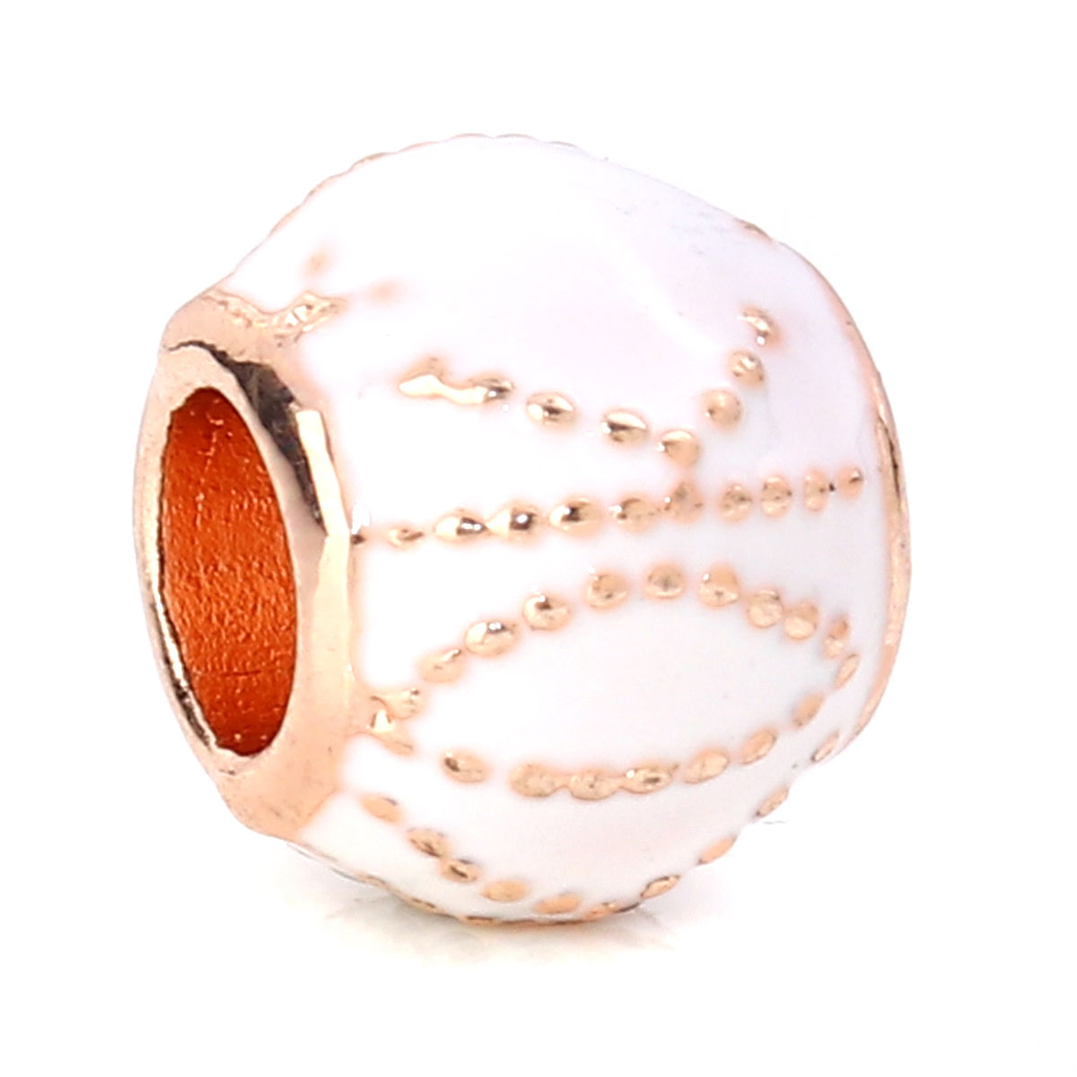 Picture of Zinc Based Alloy European Style Large Hole Charm Beads Round Rose Gold Dot White Enamel About 11mm Dia, Hole: Approx 5.2mm, 5 PCs