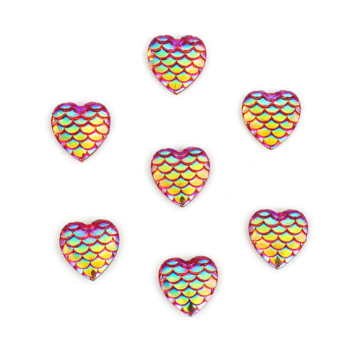 Picture of Resin Mermaid Fish/ Dragon Scale Dome Seals Cabochon Heart Fuchsia AB Color 12mm( 4/8") x 12mm( 4/8"), 100 PCs