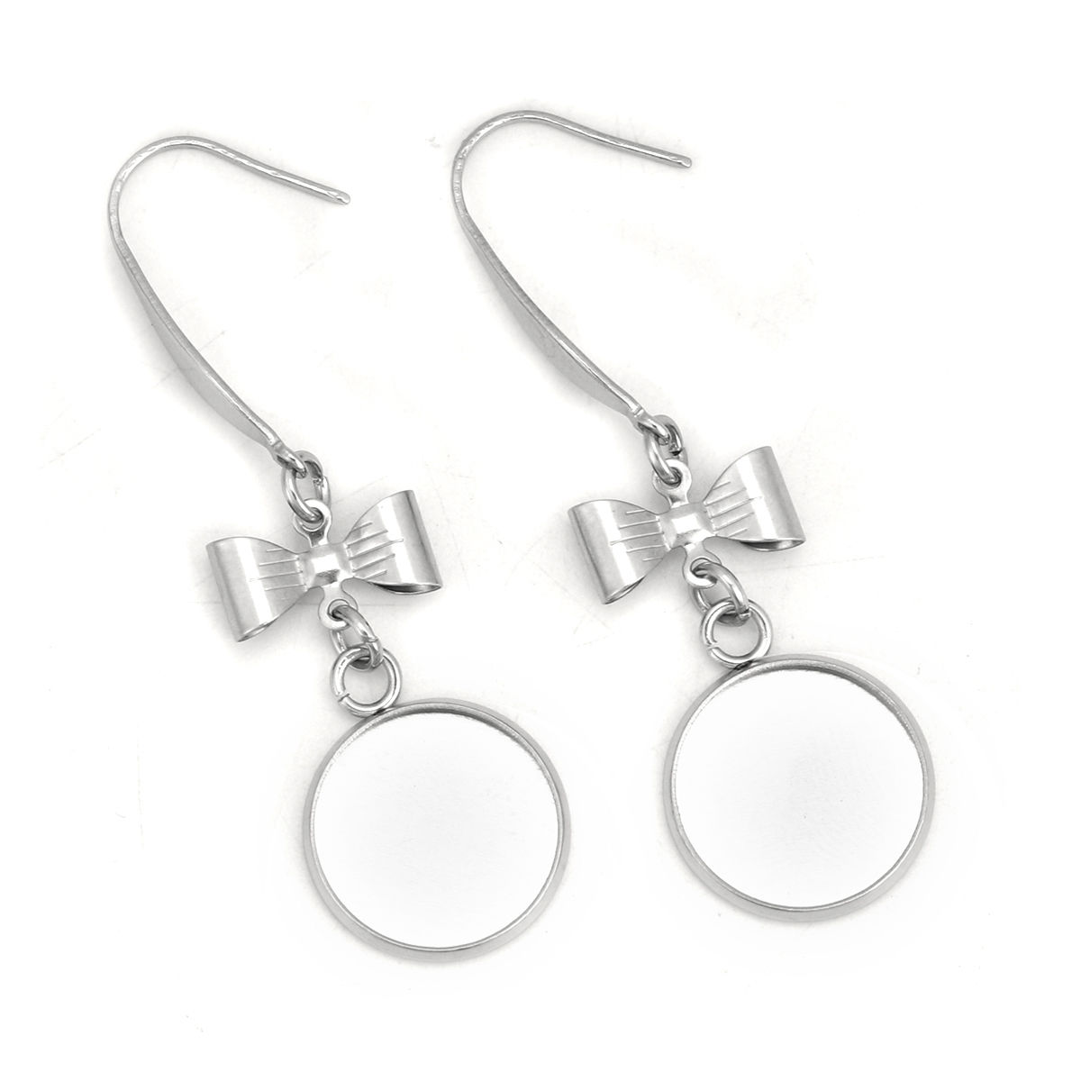 Picture of 316 Stainless Steel Earrings Bowknot Silver Tone Round Cabochon Settings (Fits 12mm Dia.) 49mm(1 7/8") x 14mm( 4/8"), Post/ Wire Size: (21 gauge), 10 PCs