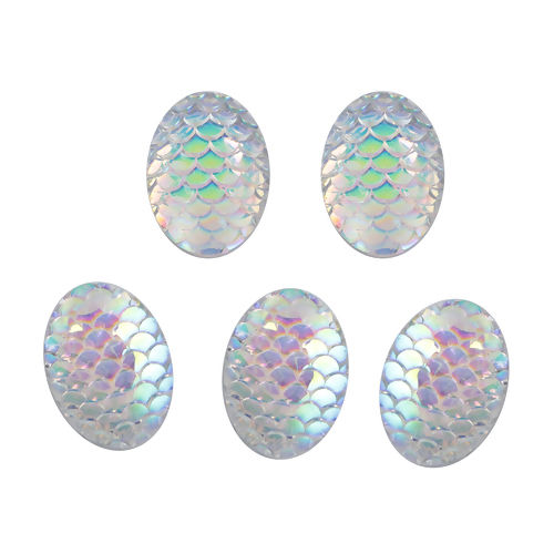 Picture of Resin Mermaid Fish/ Dragon Scale Dome Seals Cabochon Oval Silver AB Color 18mm( 6/8") x 13mm( 4/8"), 50 PCs