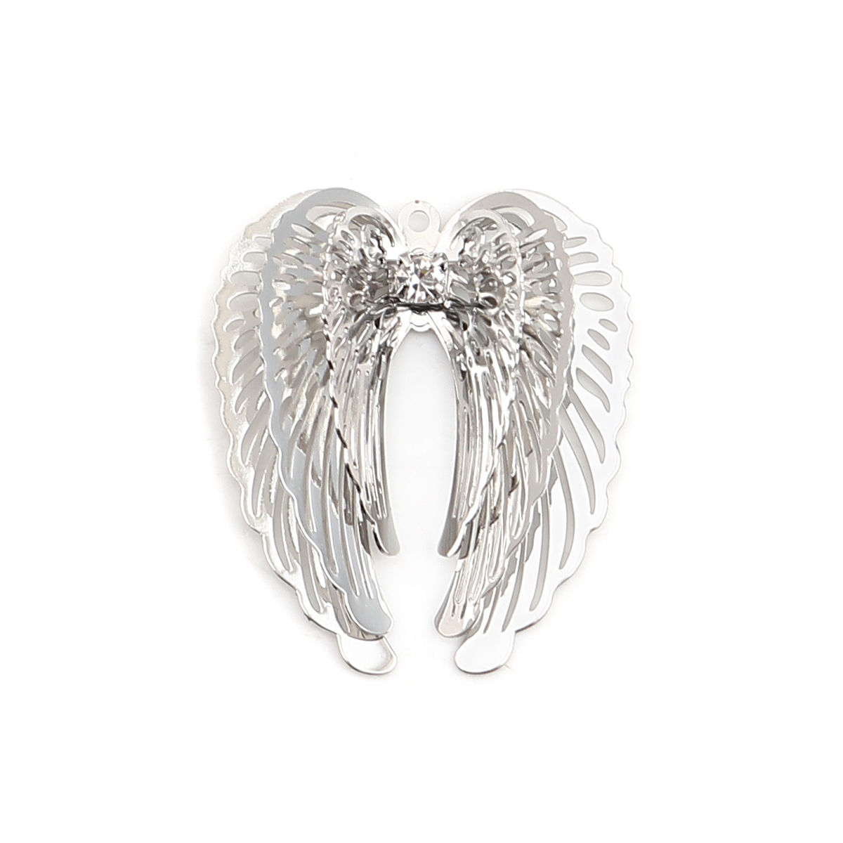 Picture of Brass Filigree Stamping Pendants Silver Tone Wing Clear Rhinestone 32mm x 28mm, 5 PCs
