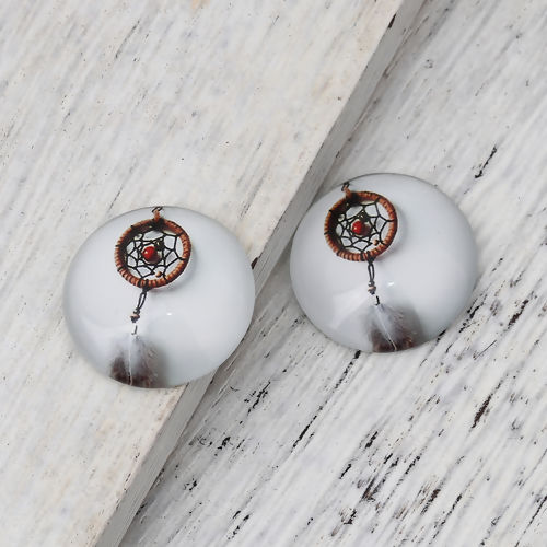 Picture of Glass Dome Seals Cabochon Round Flatback Brown Dreamcatcher Pattern 20mm( 6/8") Dia, 30 PCs