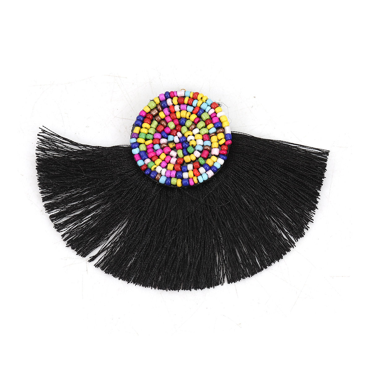 Picture of Glass Seed Beads & Polyester Tassel Pendants Half Round Black 10cm(3 7/8") x 7cm(2 6/8"), 3 PCs