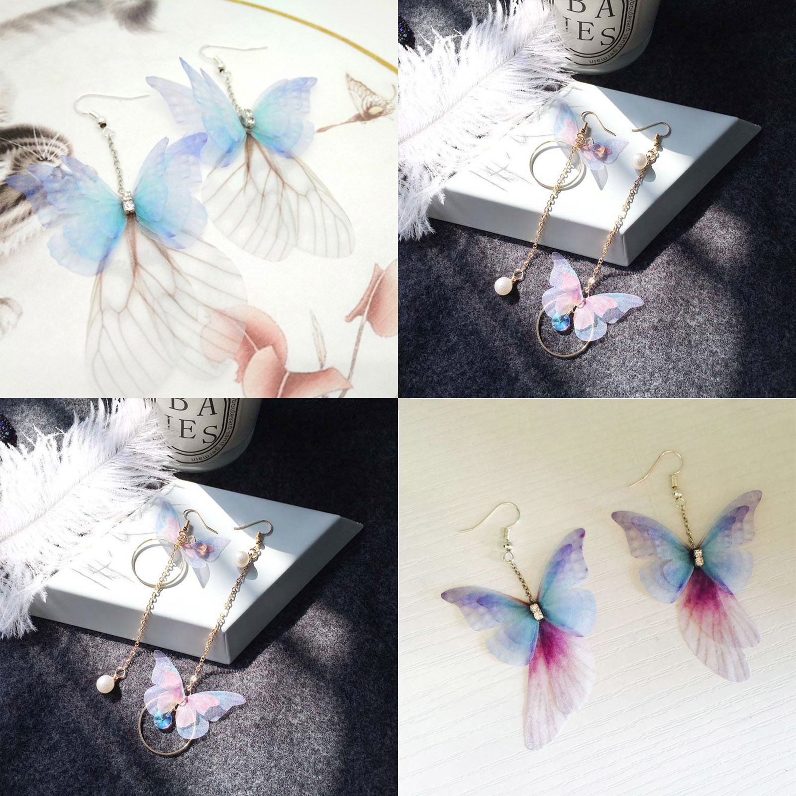 Bild von Organza Ätherisch Schmetterling Ohrringe Vergoldet Rot Strass Glitzert 86mm x 50mm Drahtstärke: (21 gauge) 1 Paar