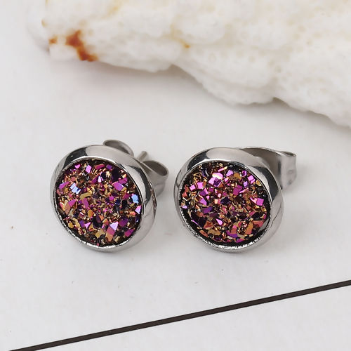Imagen de 304 Acero Inoxidable Druzy/ Drusy Pendientes Tono de Plata Fucsia Ronda AB Color 10mm Dia., Post/ Wire Size: (19 gauge), 2 Pares”