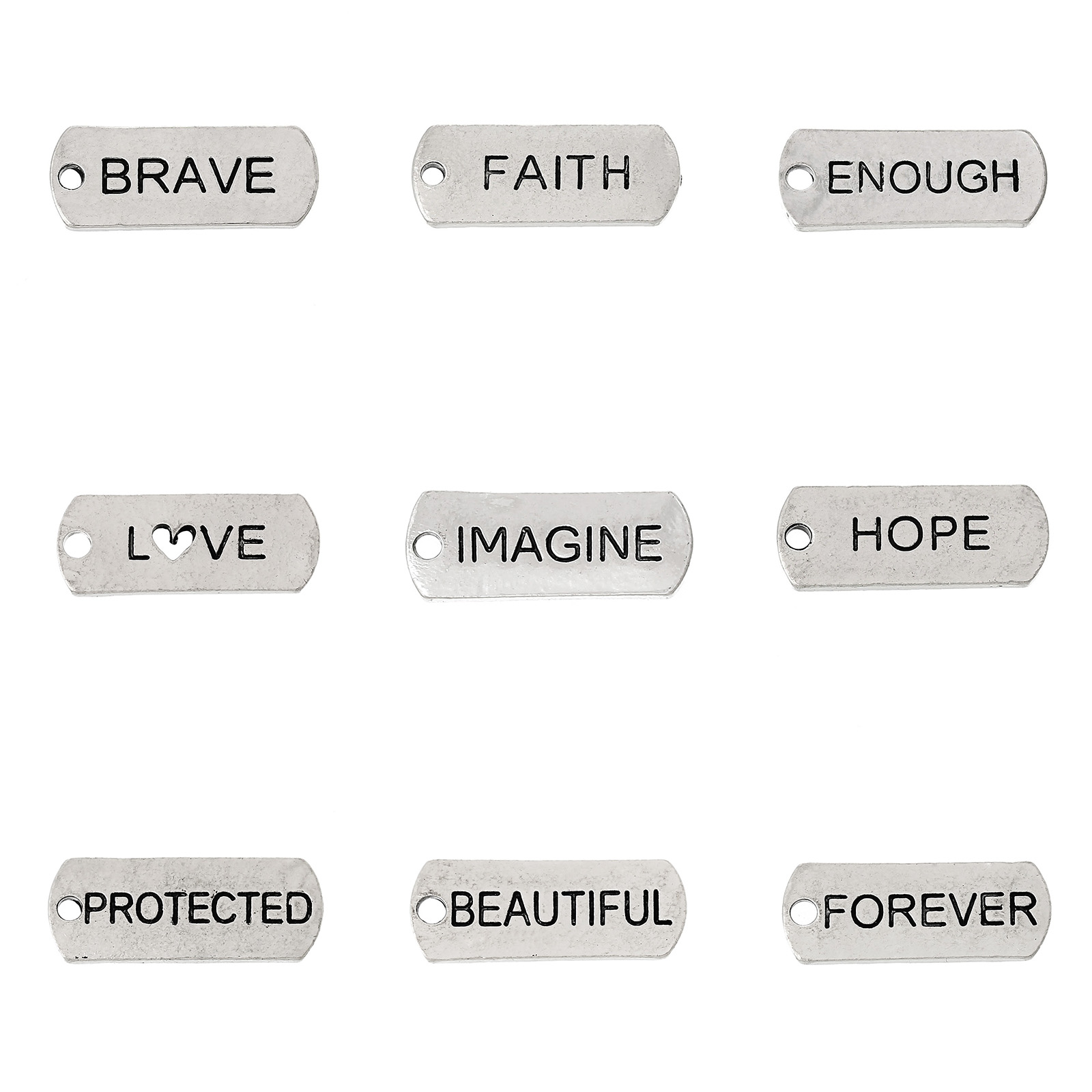 Picture of Zinc Metal Alloy Charm Pendants Rectangle Message " Beautiful " Carved