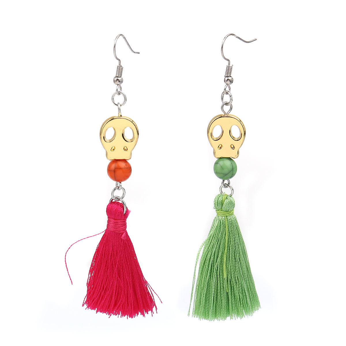 Imagen de Halloween Pendientes Chapado en Oro Rojo & Verde Cráneo Panícula 9.4cm x 1cm, Post/ Wire: (21 gauge), 1 Par