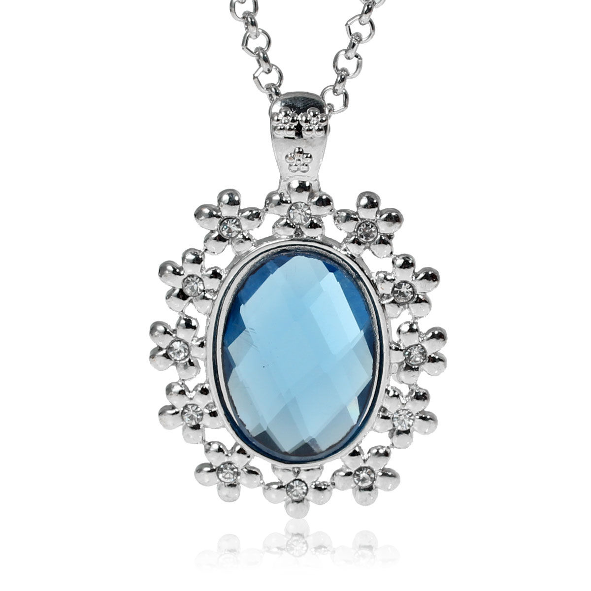 Picture of Jewelry Necklace Oval Silver Tone Clear Blue Rhinestone Faceted 65cm(25 5/8") long, 1 Piece