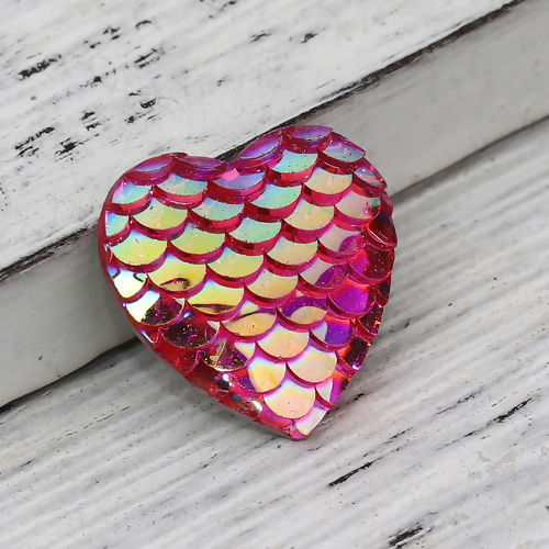 Picture of Resin Mermaid Fish/ Dragon Scale Dome Seals Cabochon Heart Fuchsia AB Color 16mm( 5/8") x 16mm( 5/8"), 50 PCs