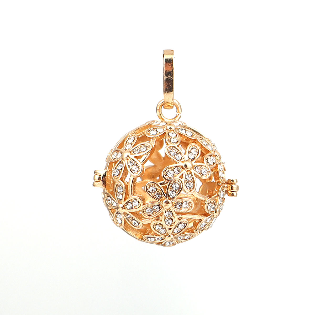 Imagen de Cobre Colgantes Armonía Bola/Caja Plegaria Flor Chapado en Oro Transparente Rhinestone Puede Abrir (Apta Cuenta: 18mm) 35mm x 26mm, 1 Unidad