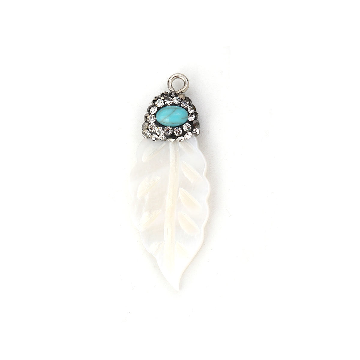 Picture of Shell Micro Pave Pendants Dark Gray Leaf White Clear Rhinestone Imitation Turquoise 39mm(1 4/8") x 15mm( 5/8"), 2 PCs