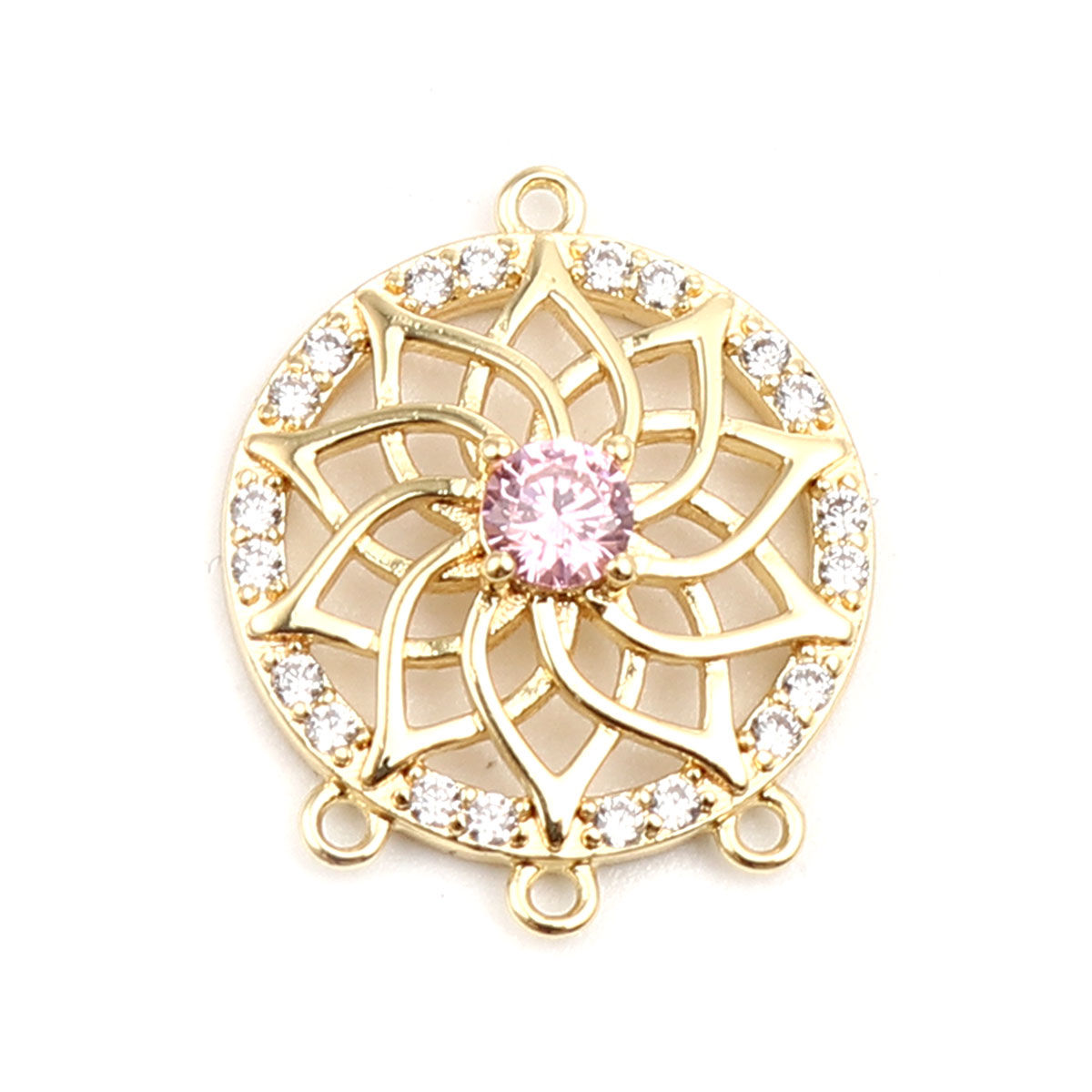 Изображение Латунь Коннекторы Круглые 18K настоящее золото с покрытием Цветок Розовый Горный хрусталь 18мм x 15мм, 2 ШТ