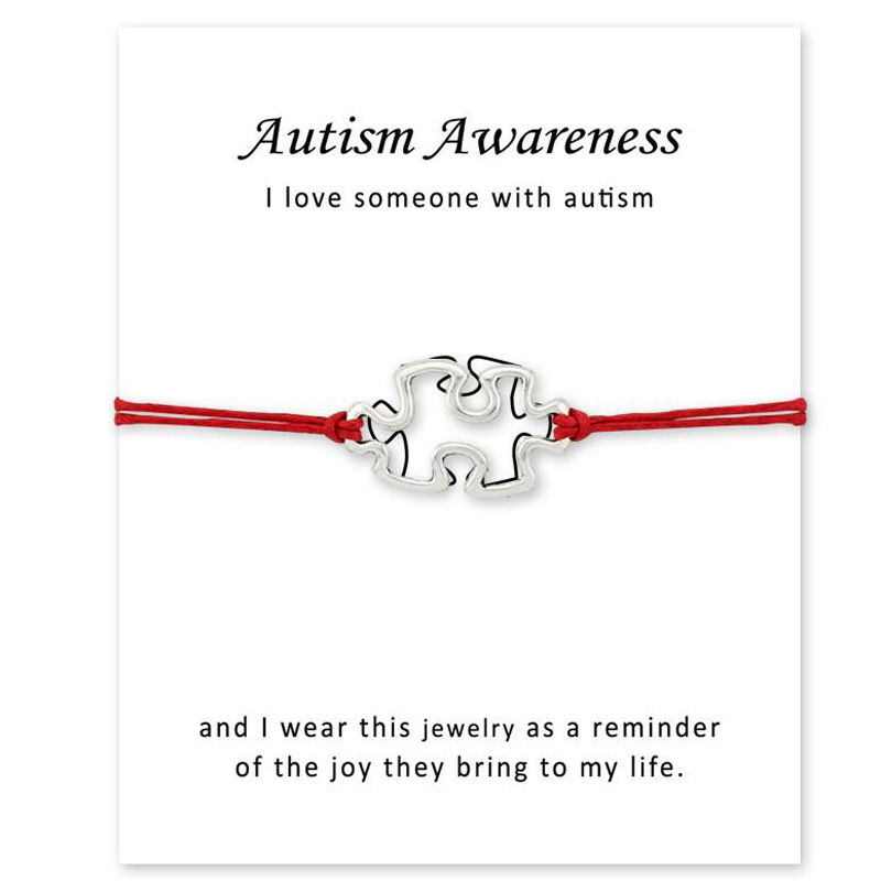 Picture of Braided Bracelets Silver Tone Red Autism Awareness Jigsaw Puzzle Piece Adjustable 1 Piece