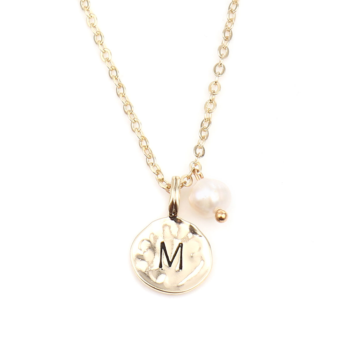 Picture of Pearl Necklace 16K Gold Filled Creamy-White Round Initial Alphabet/ Capital Letter Message " M " 41cm(16 1/8") long, 1 Piece