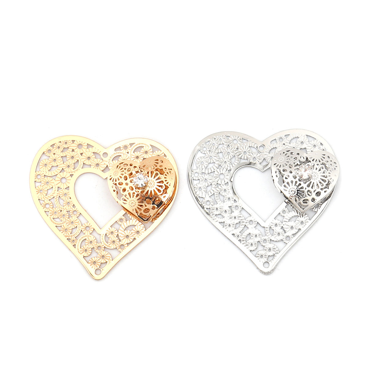Bild von Copper Valentine's Day Connectors Heart Gold Plated & Silver Tone Filigree Stamping Clear Rhinestone 43mm x 43mm, 3 PCs