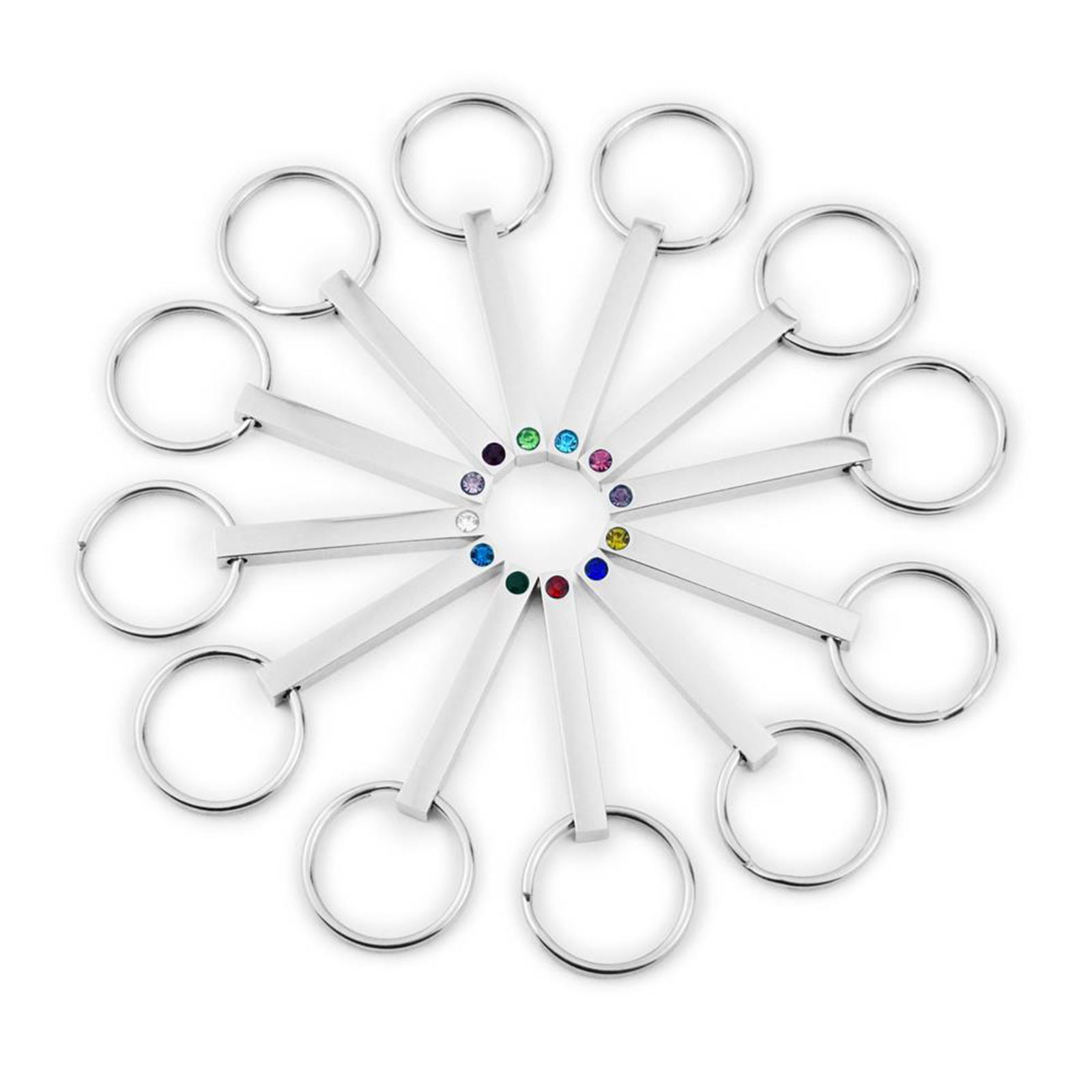Picture of 304 Stainless Steel Birthstone Keychain & Keyring Circle Ring Silver Tone Rectangle Blank Stamping Tags Multicolor Rhinestone 65mm, 1 Piece