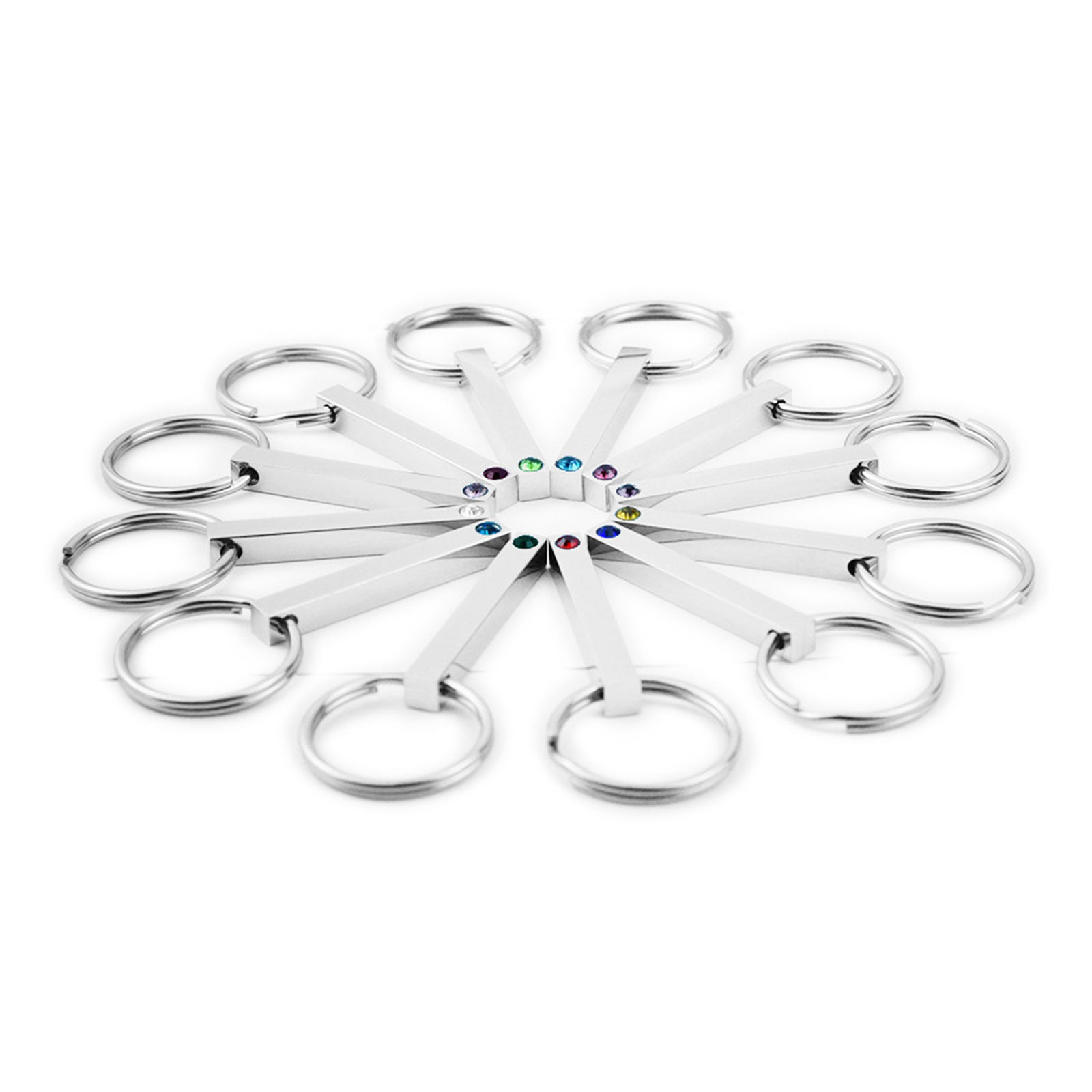 Picture of 304 Stainless Steel Birthstone Keychain & Keyring Circle Ring Silver Tone Rectangle Blank Stamping Tags Multicolor Rhinestone 65mm, 1 Piece