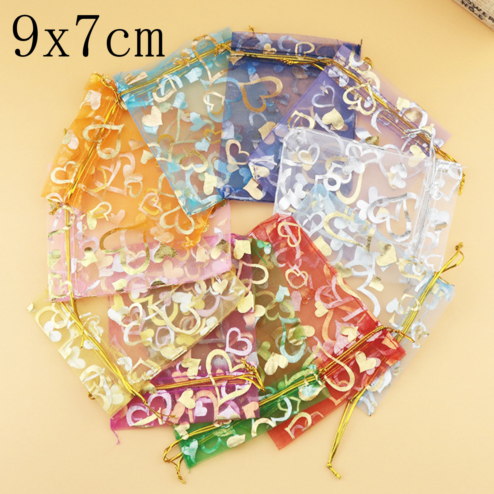 Picture of Wedding Gift Organza Drawstring Bags Rectangle Multicolor Heart 9cm x7cm(3 4/8" x2 6/8"), 20 PCs