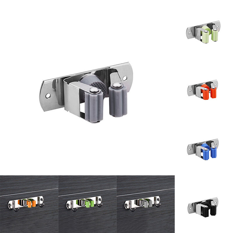 Imagen de 2 In 1 Punched Paste Broom Holder Heavy Duty Practical Clip Mop Organizer Wall Mount Hook Stainless Steel Storage Space Saving Hanger Multifunctional