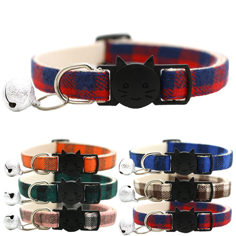 Изображение Pet Cat Collar Safety Buckle Plaid Cat Collar with Bell Adjustable Suitable Kitten Puppy Accessories Supplies Cat Buckle Collar