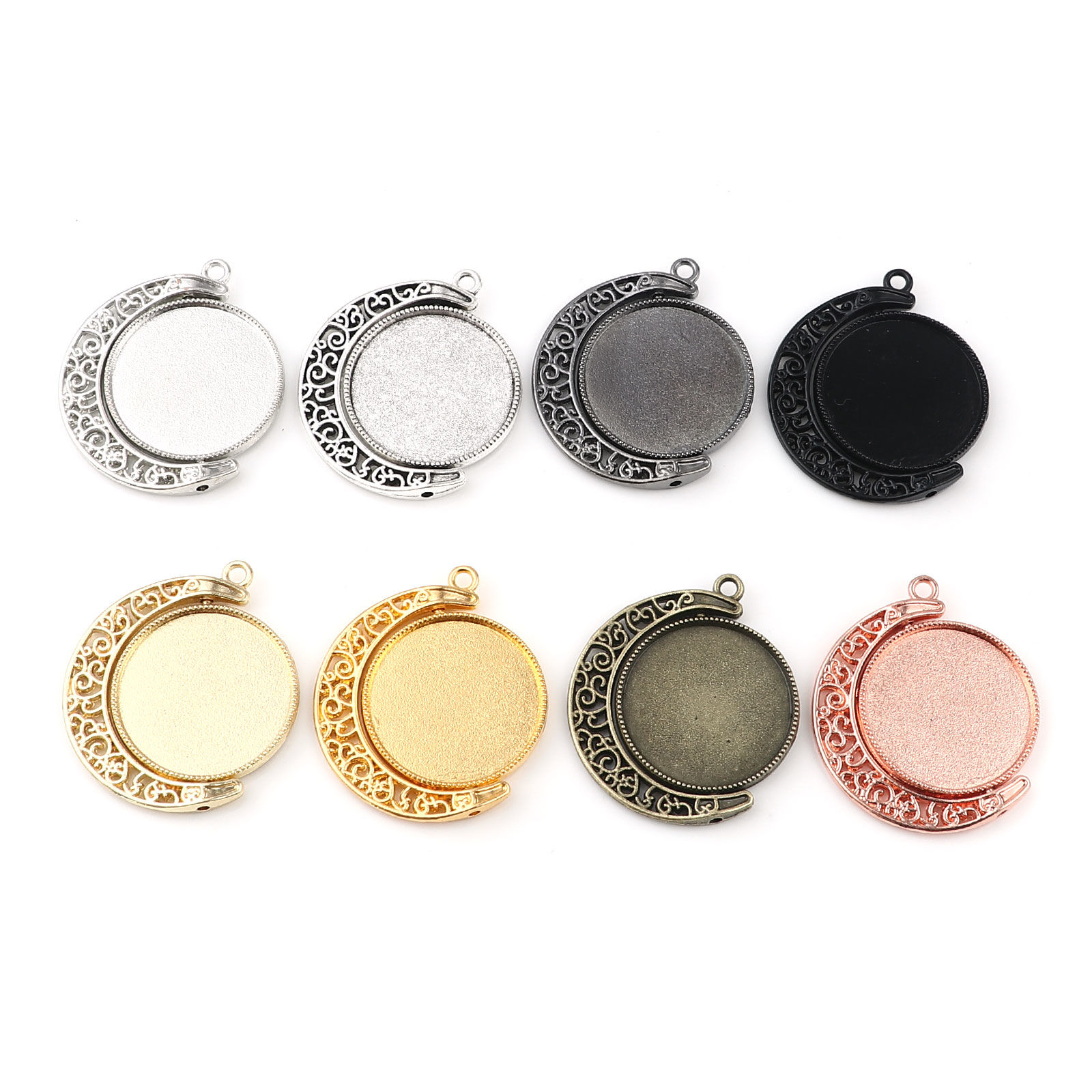 Picture of Zinc Based Alloy Galaxy Cabochon Settings Pendants Half Moon Filigree Rotatable (Fits 25mm Dia.) 39mm x 34mm, 5 PCs