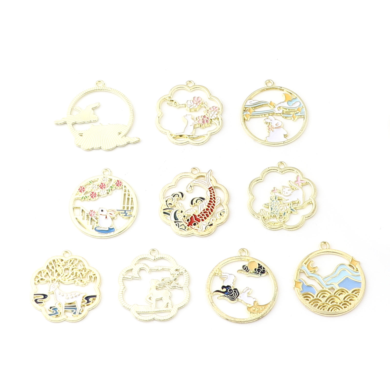 Изображение Цинковый Сплав Подвески Круглые Позолоченный Кролик С Эмалью 30мм x 27мм, 10 ШТ