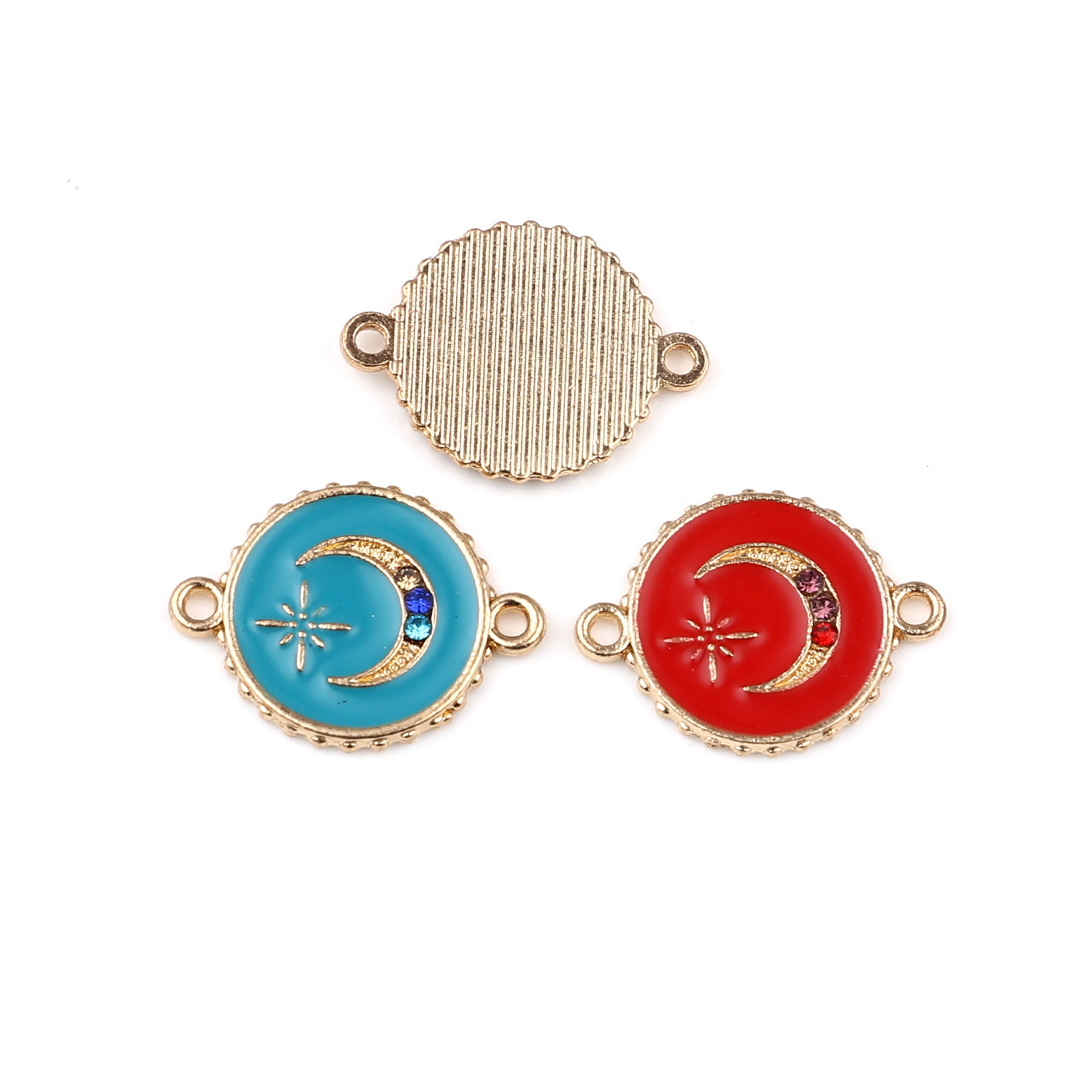Picture of Zinc Based Alloy Galaxy Connectors Round Gold Plated Star Enamel Multicolor Rhinestone 22mm x 16mm, 10 PCs