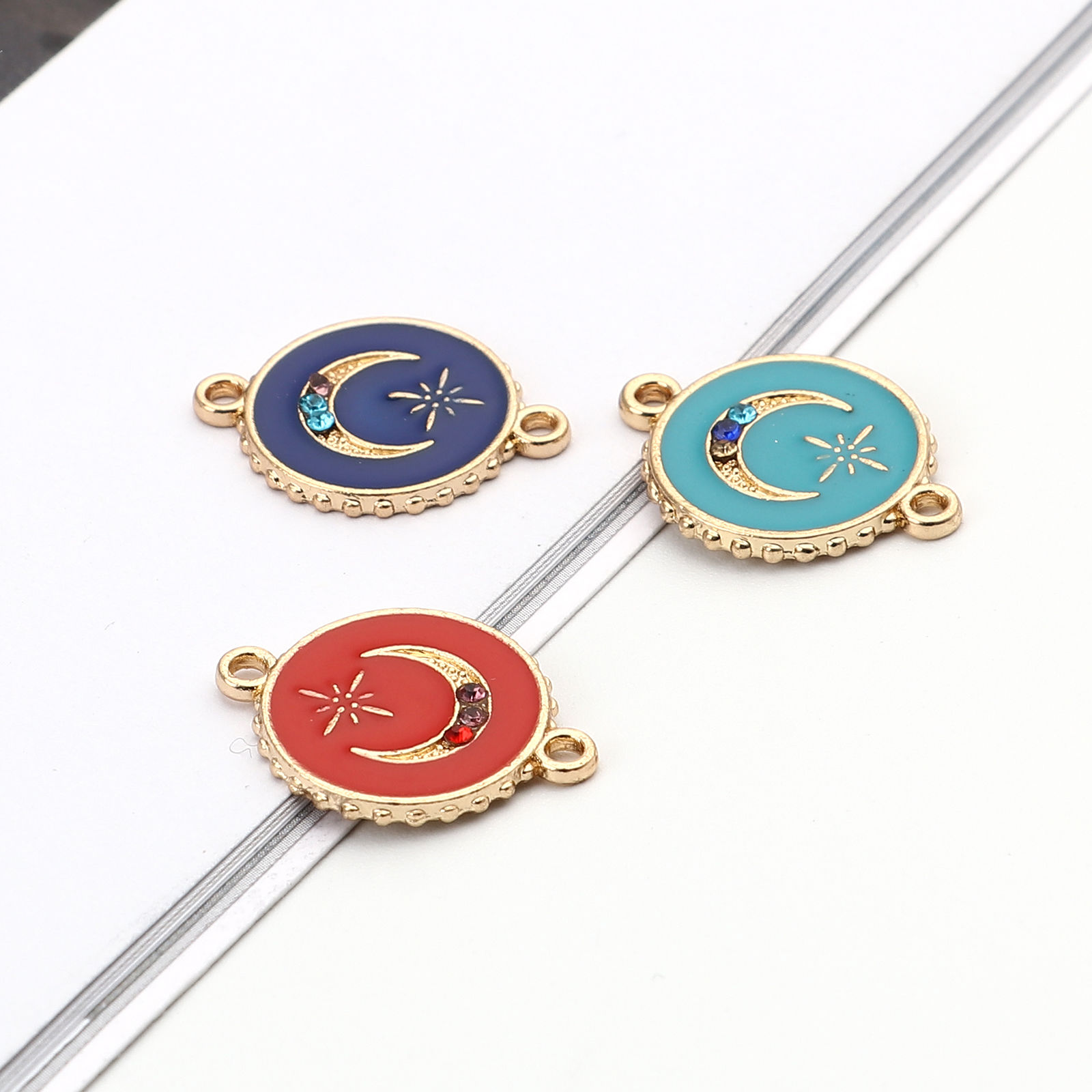 Picture of Zinc Based Alloy Galaxy Connectors Round Gold Plated Star Enamel Multicolor Rhinestone 22mm x 16mm, 10 PCs