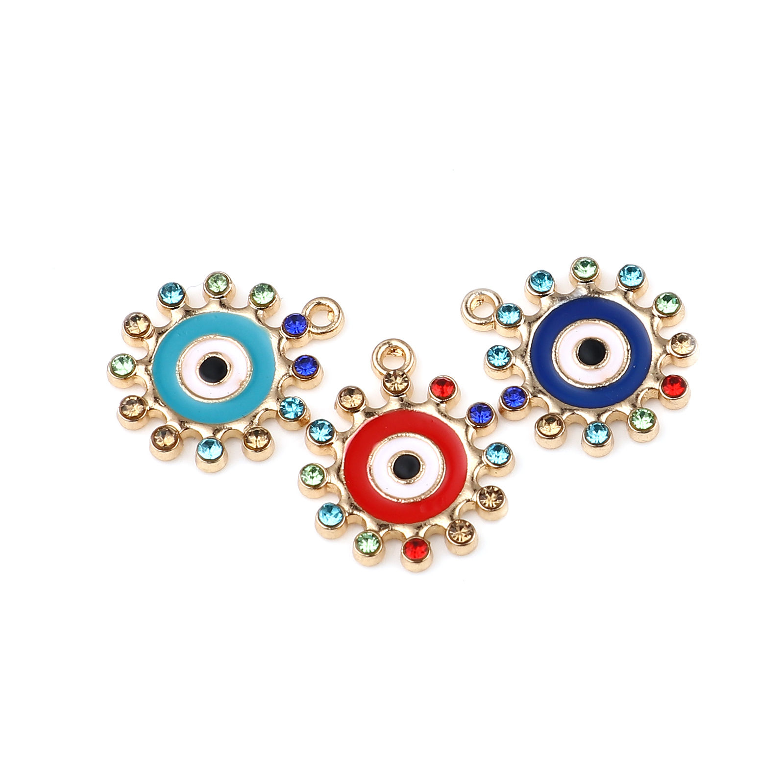 Picture of Zinc Based Alloy Religious Charms Sun Gold Plated Evil Eye Enamel Multicolor Rhinestone 19mm x 17mm, 10 PCs