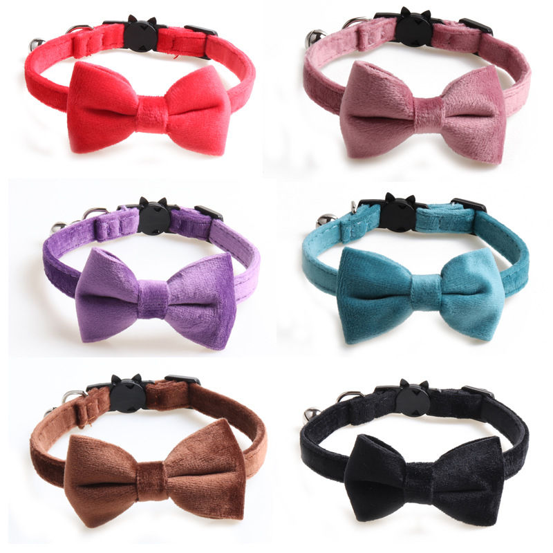 Изображение Velvet Cat Collar Solid Color Puppy Chihuahua Collars with Bell Adjustable Safety Buckle Pets Accessories