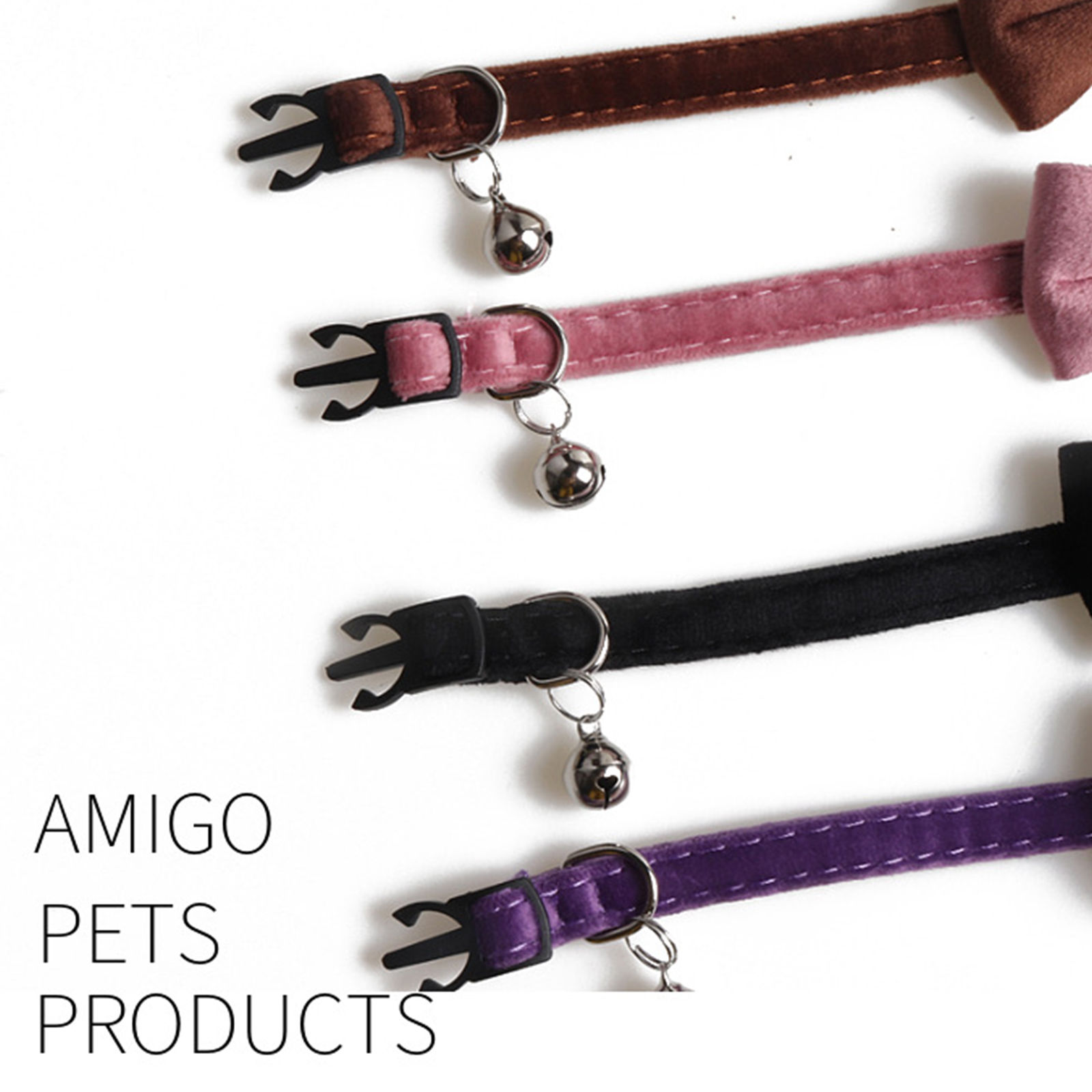 Изображение Velvet Cat Collar Solid Color Puppy Chihuahua Collars with Bell Adjustable Safety Buckle Pets Accessories