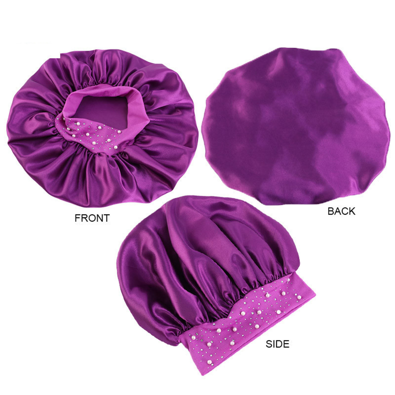 Изображение Satin Rhinestone Elastic Night Sleep Cap Hair Care Beauty Bonnet Hat