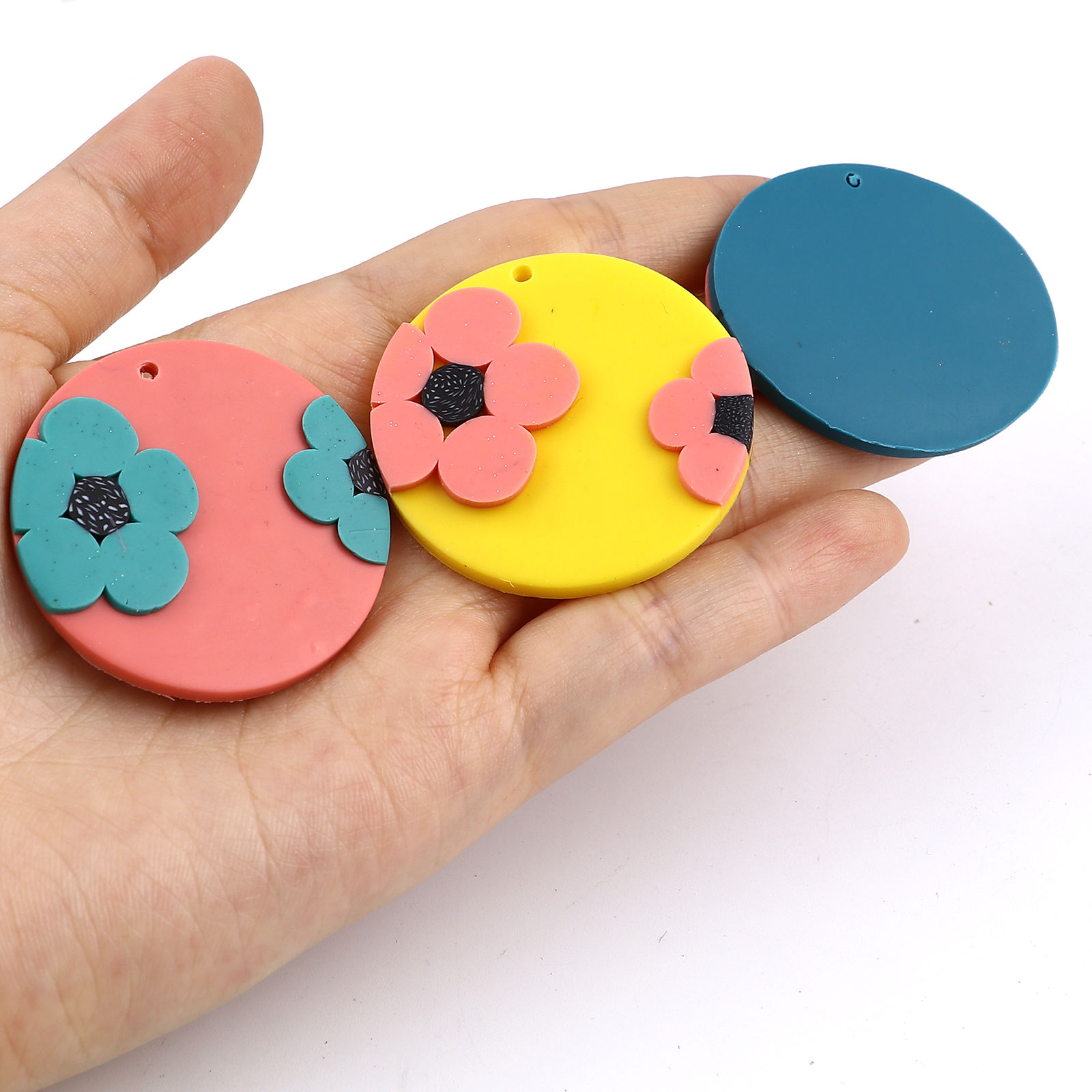 Picture of Polymer Clay Pendants Round Disc Yellow Flower 4cm Dia., 3 PCs