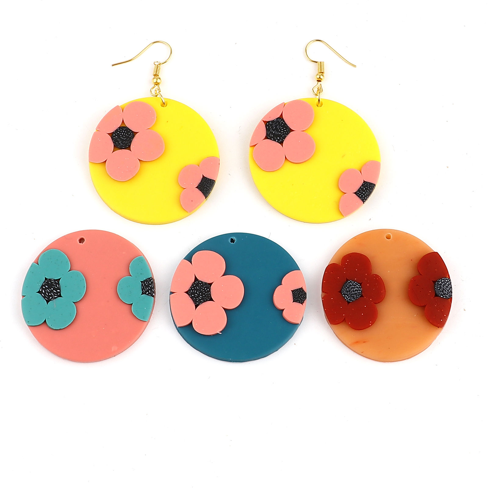 Picture of Polymer Clay Pendants Round Disc Yellow Flower 4cm Dia., 3 PCs