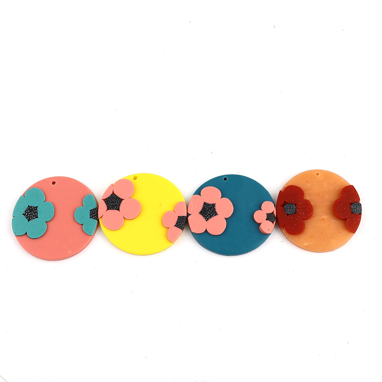 Picture of Polymer Clay Pendants Round Disc Yellow Flower 4cm Dia., 3 PCs