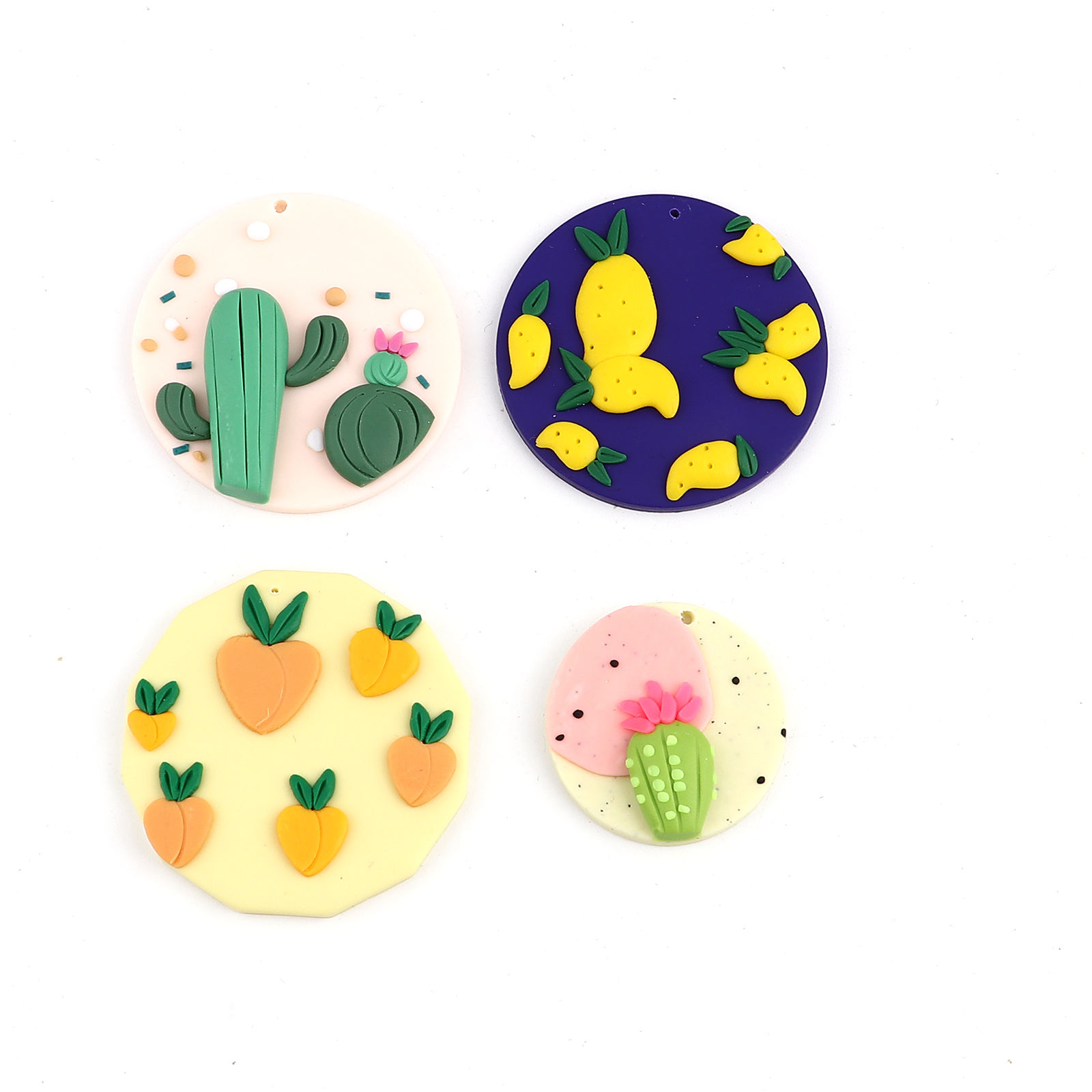 Picture of Polymer Clay Pendants Round Disc Peach Pink Cactus 4.8cm Dia., 2 PCs