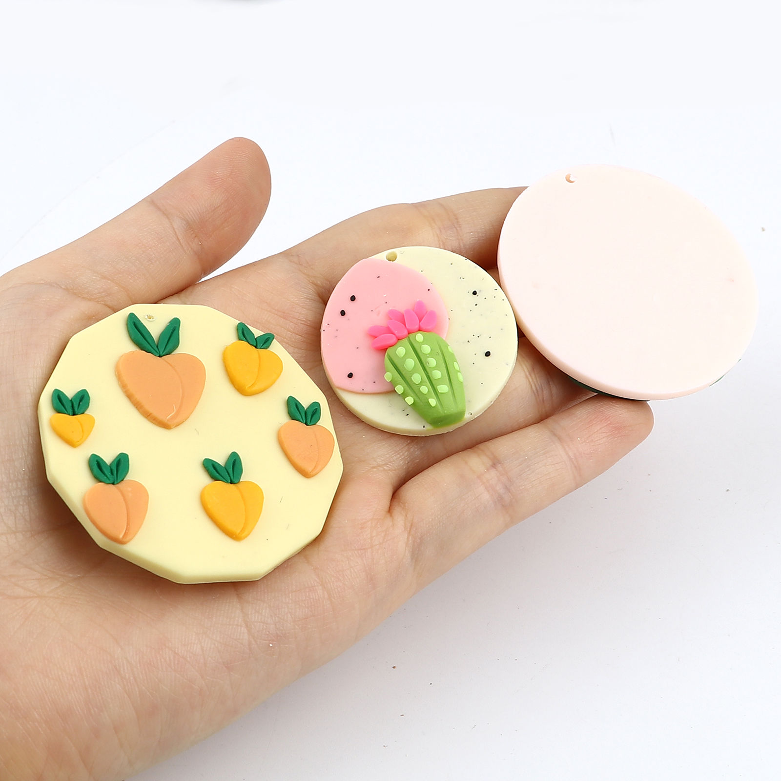 Picture of Polymer Clay Pendants Round Disc Peach Pink Cactus 4.8cm Dia., 2 PCs