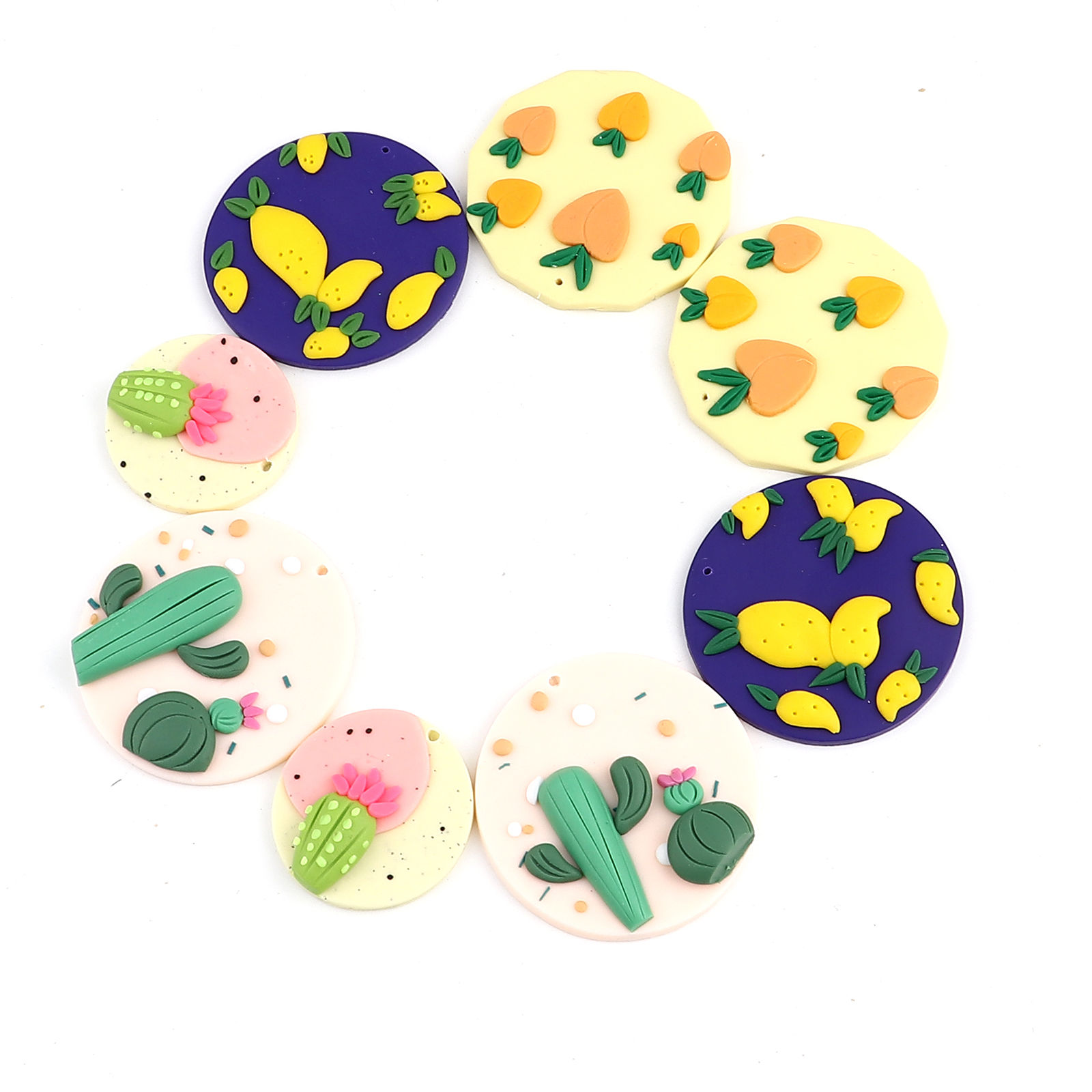 Picture of Polymer Clay Pendants Round Disc Peach Pink Cactus 4.8cm Dia., 2 PCs