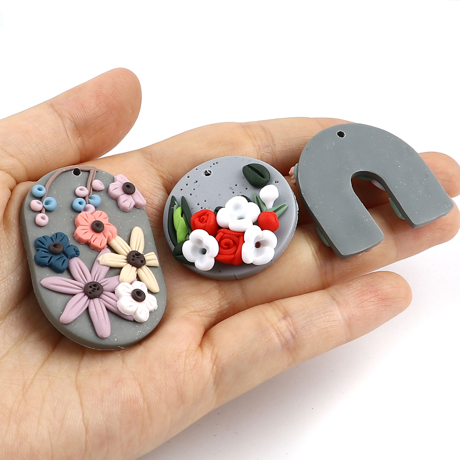 Picture of Polymer Clay Pendants Round Disc Multicolor Flower 2 PCs