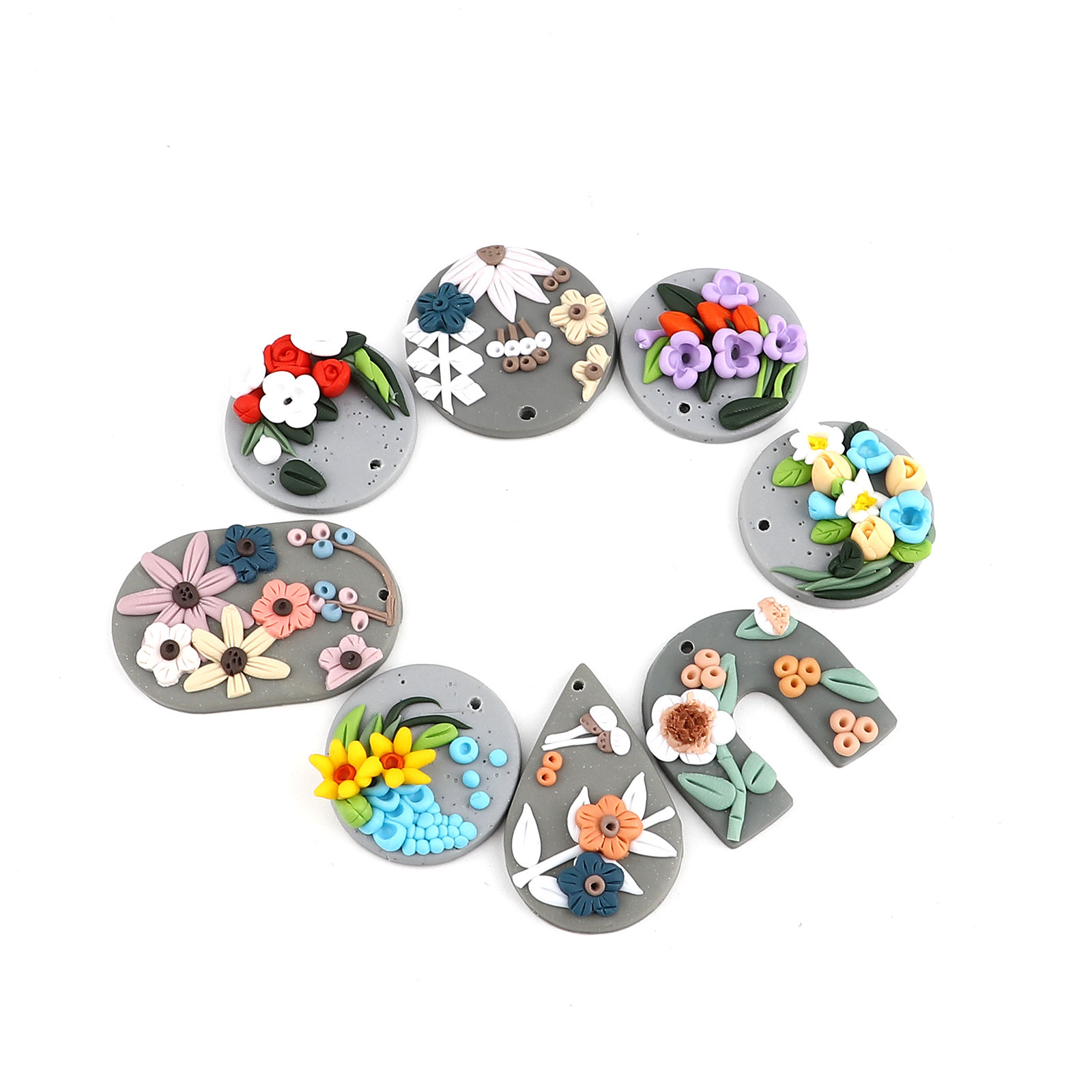 Picture of Polymer Clay Pendants Round Disc Multicolor Flower 2 PCs
