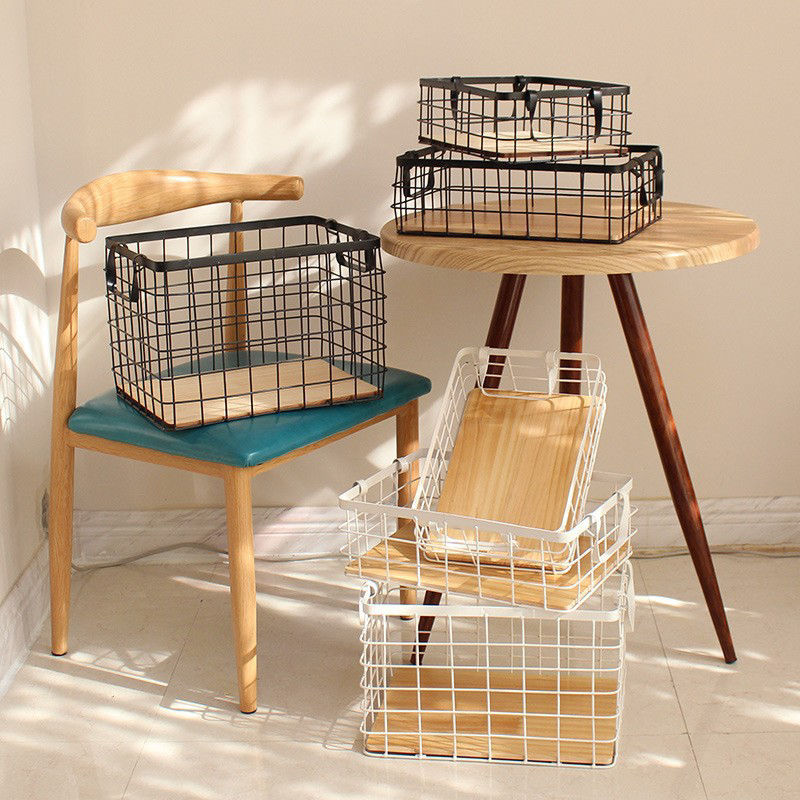 Picture of Wrought Iron Grid Storage Basket With Wooden Board