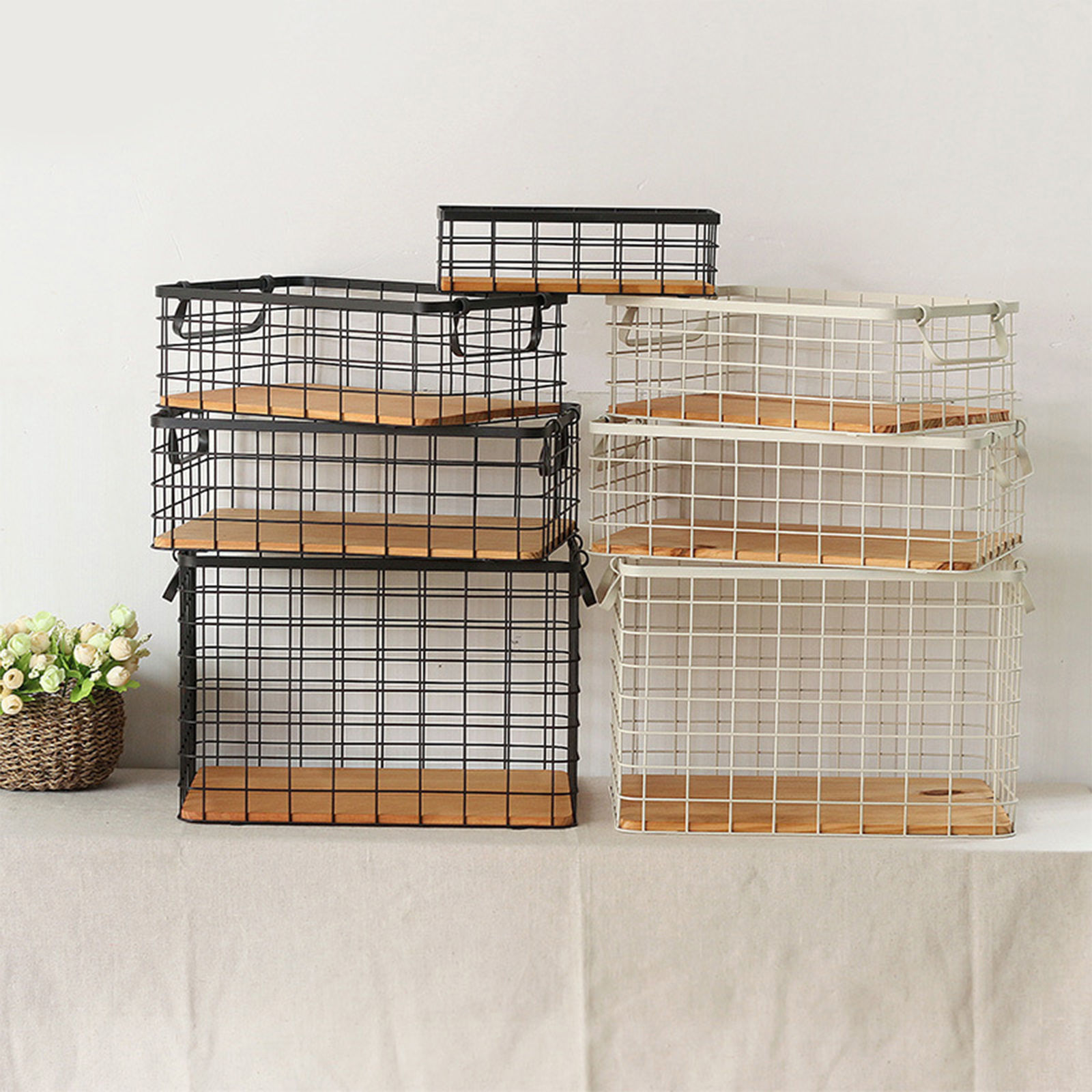 Picture of Wrought Iron Grid Storage Basket With Wooden Board
