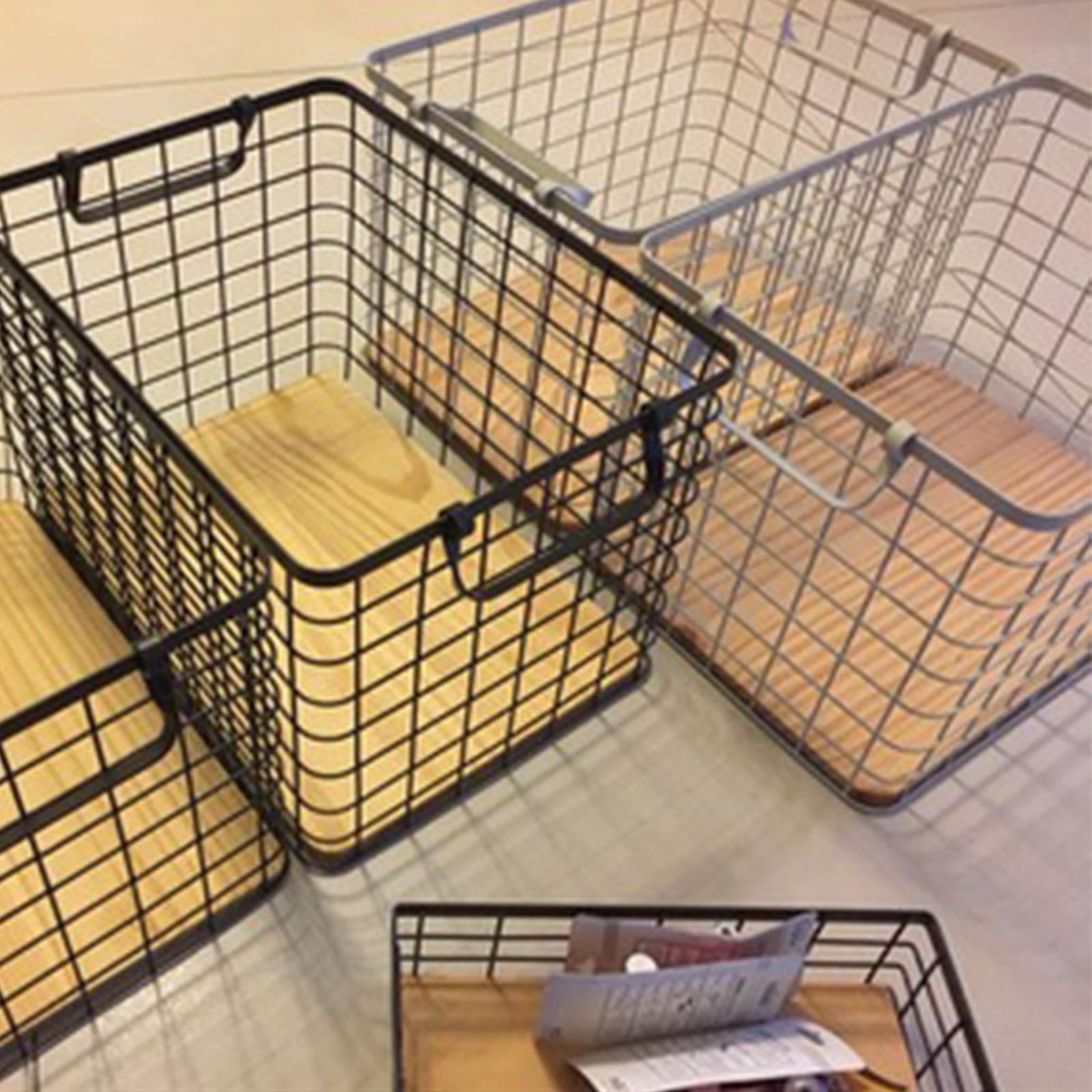 Picture of Wrought Iron Grid Storage Basket With Wooden Board