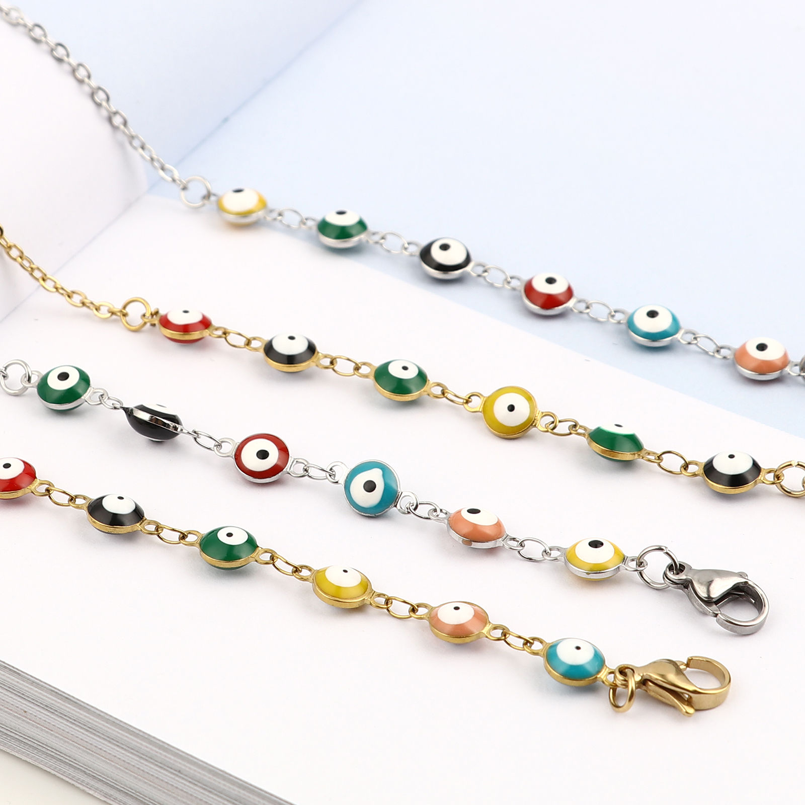 Picture of 1 Piece Vacuum Plating Stainless Steel Religious Eyeglasses Chain Holder Round Evil Eye Enamel