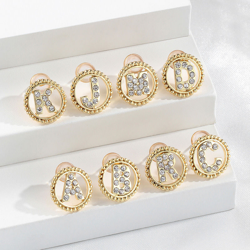 Picture of Zinc Based Alloy Ear Post Stud Earrings Gold Plated Round Initial Alphabet/ Capital Letter Clear Rhinestone 15mm Dia., Post/ Wire Size: (21 gauge), 2 PCs