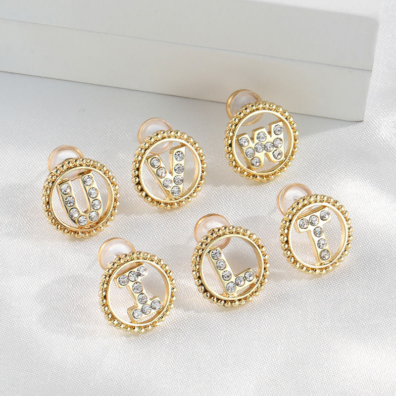 Picture of Zinc Based Alloy Ear Post Stud Earrings Gold Plated Round Initial Alphabet/ Capital Letter Clear Rhinestone 15mm Dia., Post/ Wire Size: (21 gauge), 2 PCs