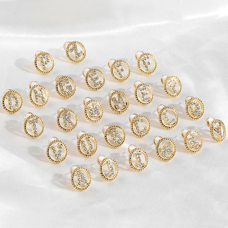 Picture of Zinc Based Alloy Ear Post Stud Earrings Gold Plated Round Initial Alphabet/ Capital Letter Clear Rhinestone 15mm Dia., Post/ Wire Size: (21 gauge), 2 PCs