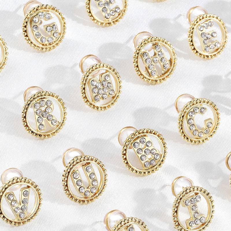 Picture of Zinc Based Alloy Ear Post Stud Earrings Gold Plated Round Initial Alphabet/ Capital Letter Clear Rhinestone 15mm Dia., Post/ Wire Size: (21 gauge), 2 PCs