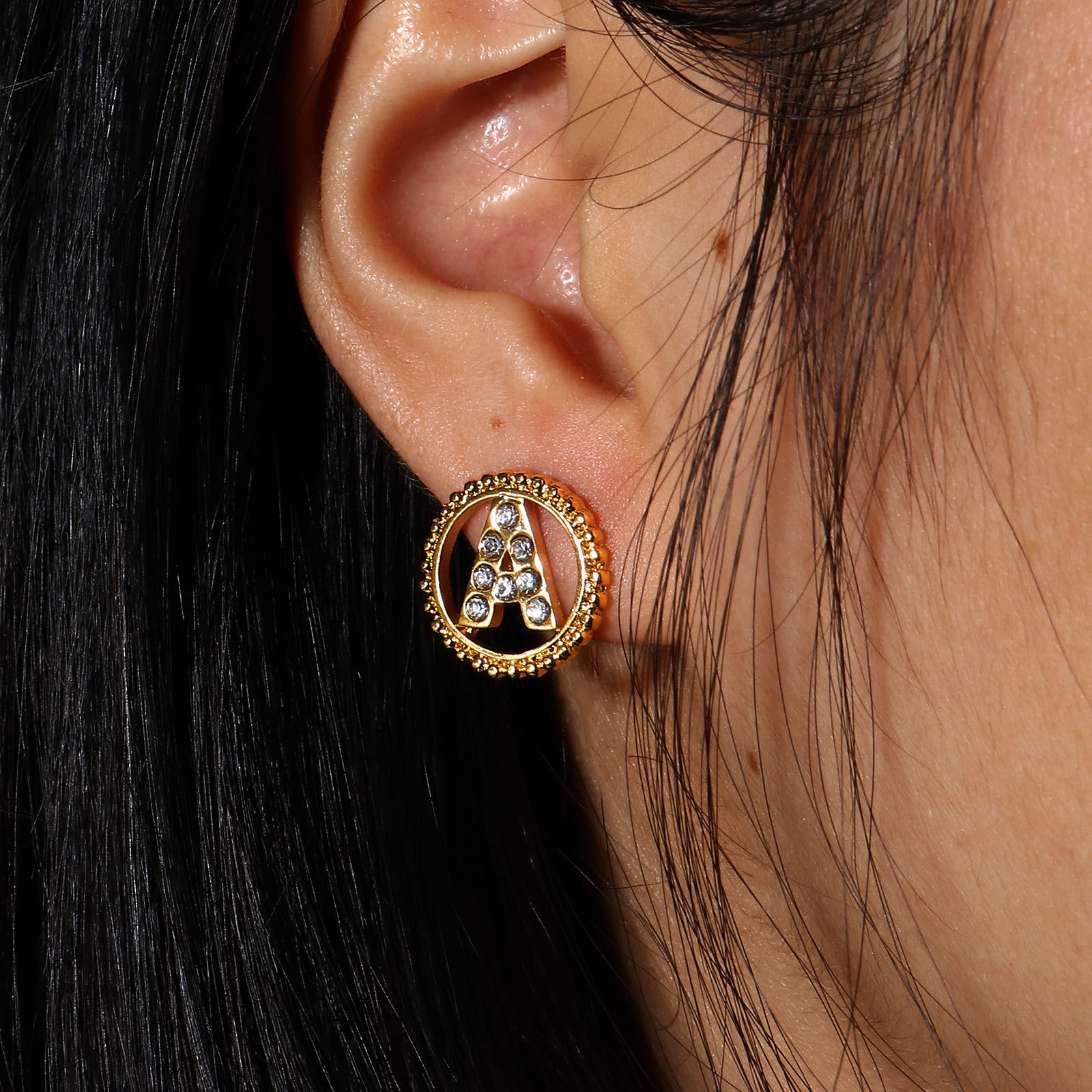 Picture of Zinc Based Alloy Ear Post Stud Earrings Gold Plated Round Initial Alphabet/ Capital Letter Clear Rhinestone 15mm Dia., Post/ Wire Size: (21 gauge), 2 PCs