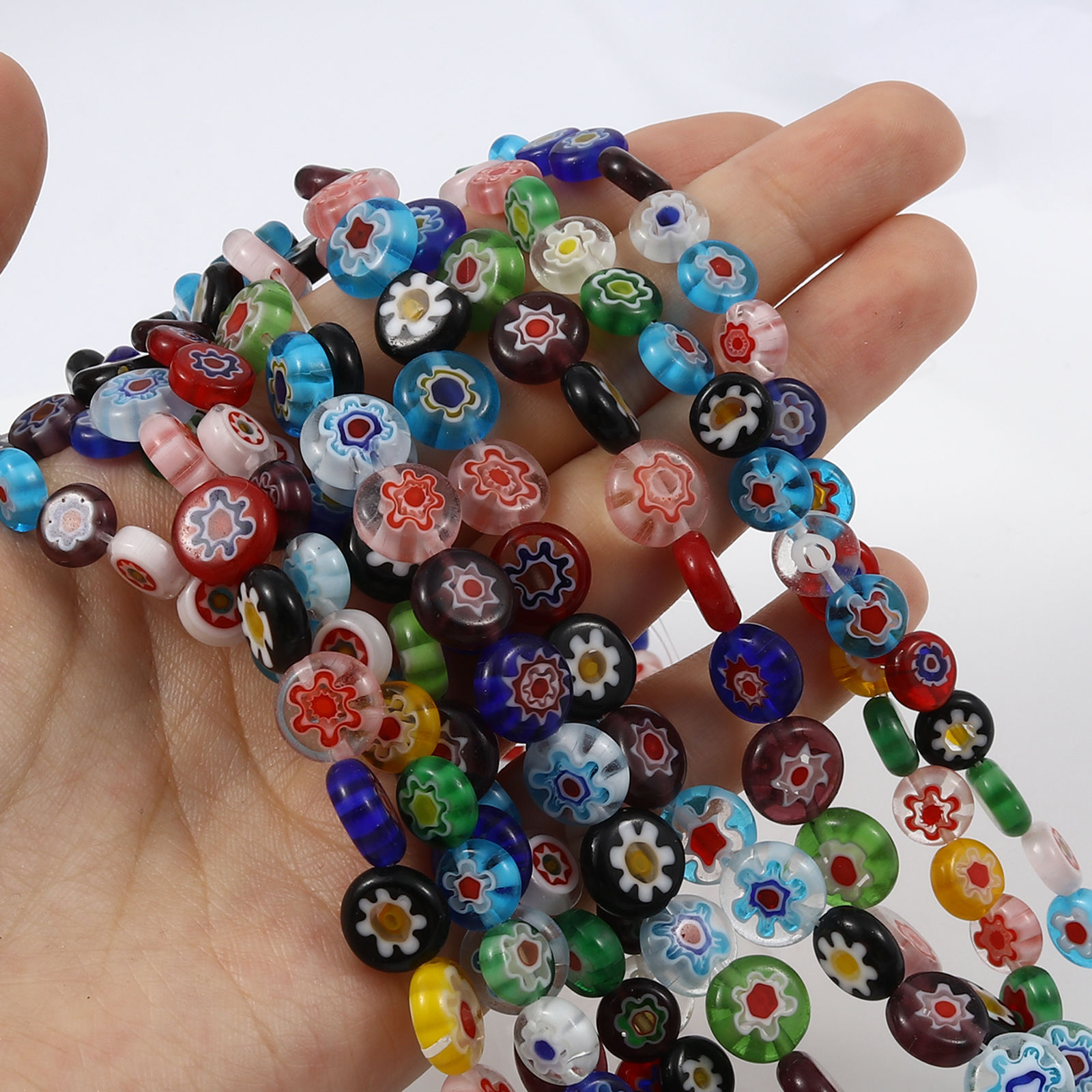 Bild von Muranoglas Millefiori-Perlen Flachrund Zufällig Mix Blumen 1 Strang